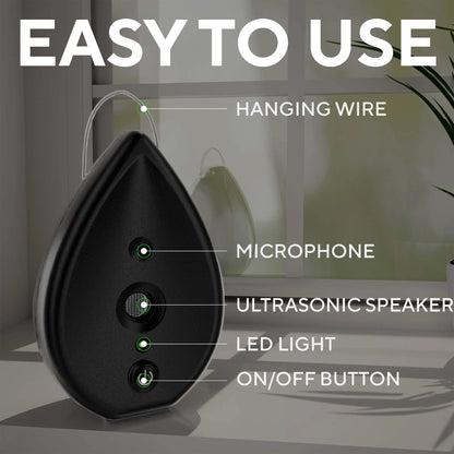 Ultrasonic anti-barking device showing hanging wire, microphone, speaker, LED light, and power button.